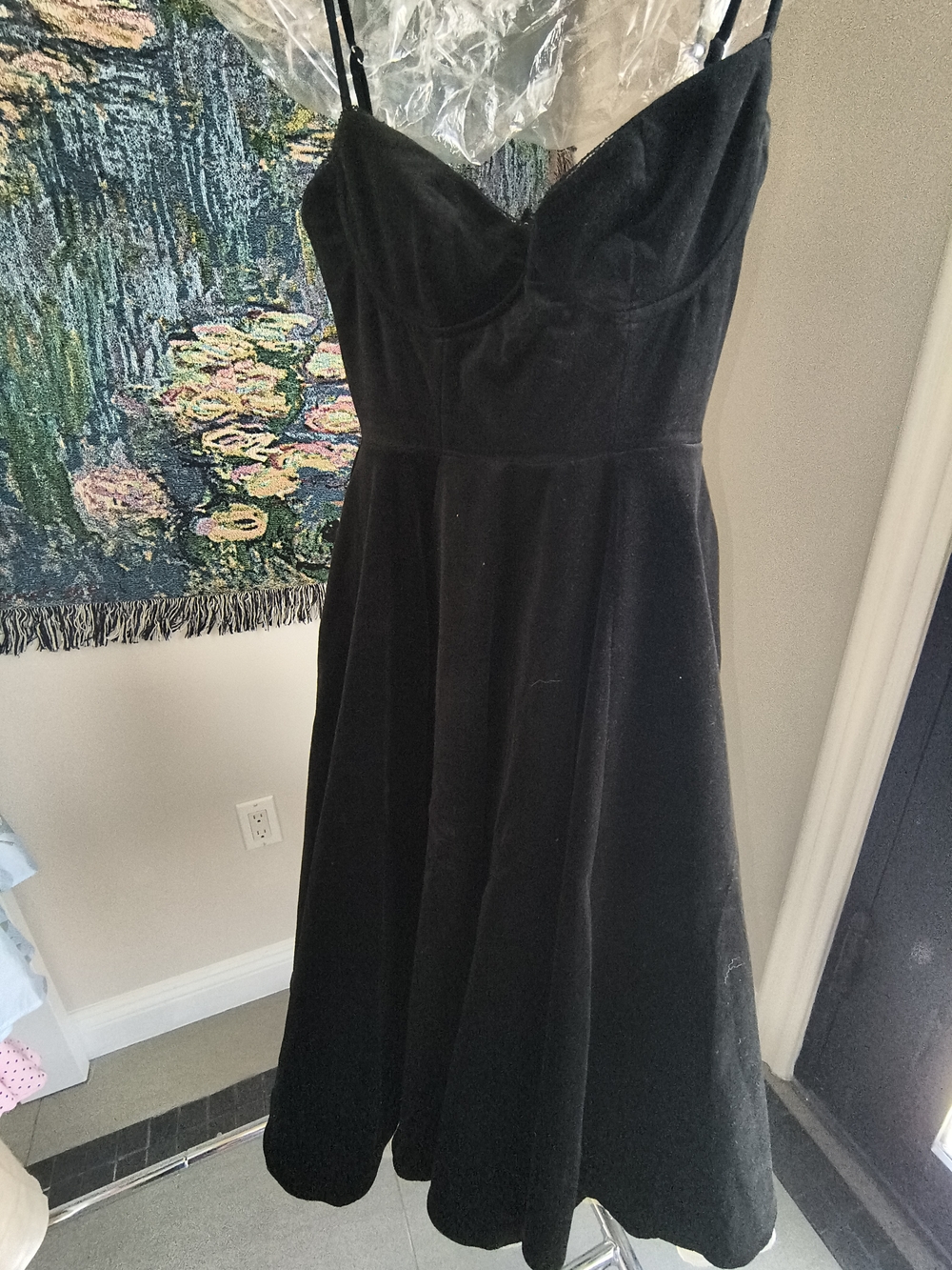 House of CB Black Velvet Midi Dress with Spaghetti Straps